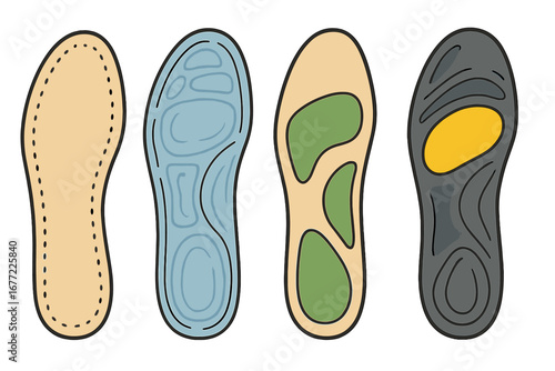 Different styles of shoe insoles for comfort and support. Orthopedic inserts for foot care, arch support, and flat feet. Vector cartoon illustration of orthotic accessories.