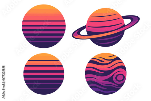 Retro futuristic synthwave design elements set. 80s style outrun sunset and planet shapes. Vintage vector graphics for posters, music covers. Abstract cosmic sci-fi icons.