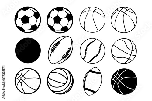 Diverse Collection of Sports Balls in Black and White Outline Design, Ideal for Vector Graphics and Sport Themed Projects