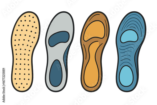 Different styles of orthopedic shoe insoles. Vector set of orthotic inserts for comfort, arch support, foot pain relief, and flat feet treatment. Podiatry concept design.