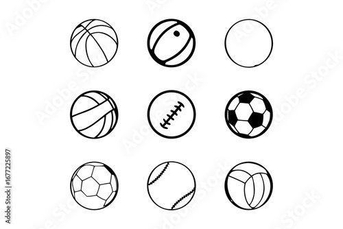Diverse Set of Sports Balls Basketball, Rugby, Circle, Baseball, American Football, Soccer Ball, Tennis, Volleyball Icon Collection for Sports Themes and Activities
