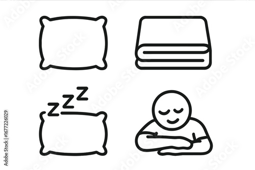 Pillow icon set with folded blanket, sleeping person, and zzz symbol. Vector outline graphics for relaxation, rest, comfort, bedtime, and taking a nap. Minimalist line art.