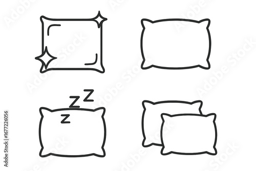 Pillow icon set. Sleep, relax, comfort symbols. Clean bed sheet, soft cushion outline icons. Bedding, nap time, good night, and rest concepts. Vector line art illustration.