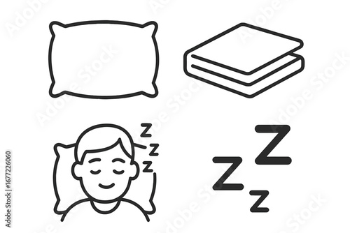 Sleep icon set. Bedtime and relaxation concept symbols. Pillow, folded blanket, person sleeping and zzz sign. Minimalist outline icons for nap time, sweet dreams and health.