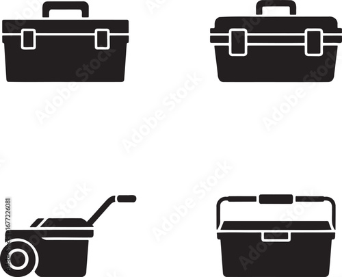 Set of Toolbox Silhouettes in 2x2 Grid – Vector Icons of Tool Cases and Storage Boxes on White Background