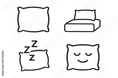 Pillow and bed icon set for sleep and relaxation. Vector outline symbols for rest, nap time, and comfort. Linear illustration of bedding and sweet dreams for graphic design.