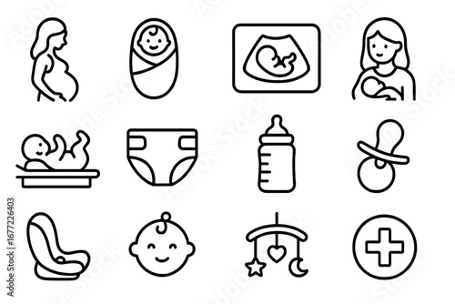 Pregnancy and baby care line icon set. Maternity and newborn healthcare symbols. Vector icons for mother, child, ultrasound, feeding, diaper. Family and parenting concept.