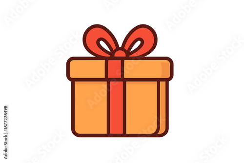 Gift box icon with red ribbon bow. Vector cartoon present for birthday, Christmas, holiday celebration. Surprise package concept for shopping, bonus, loyalty program. Isolated.