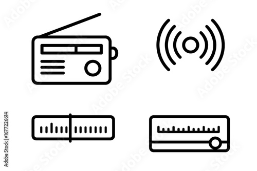 Radio tuner line icon set. Radio broadcast outline vector symbol. Wireless communication technology concept. Frequency wave, signal, audio station pictogram graphic element design.