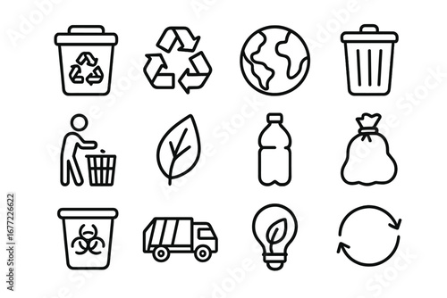 Recycling and waste management outline icon set. Eco friendly symbols. Garbage collection, trash can, plastic bottle, biohazard bin. Environmental sustainability vector icons.
