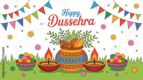 Dussehra illustration with decorated pot, fruits, sweets, diyas, festive flags, and celebratory greeting on vibrant background 