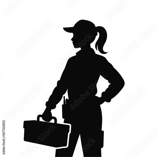 Silhouette of a woman technician carrying a toolbox ready for work