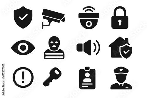 Security and surveillance solid icon set. Protection, safety, and crime prevention icons in a glyph style. Vector illustration includes CCTV camera, alarm, lock, and police concepts.