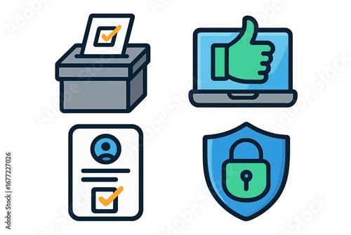 Icon set for online voting and election security. Digital verification and authentication process. Secure e-voting, ballot box, id registration, and data protection symbols.