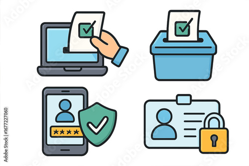 E-voting and online election icon set. Digital voting, authentication, and cybersecurity concept. Secure identity verification, data protection, and electronic poll vector icons.