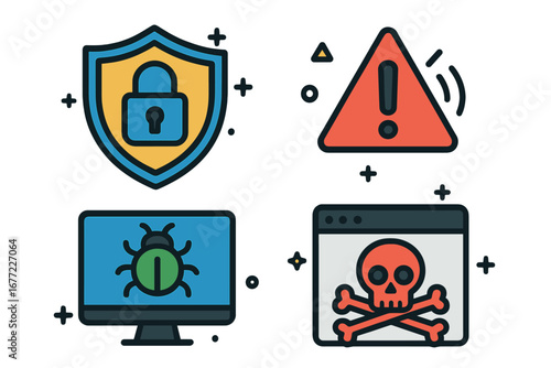 Cybersecurity icon set for internet safety. Digital protection shield, malware alert, and computer virus threat. Concept of web security, data privacy, hacker attack, and bug.