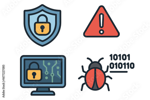 Cybersecurity vector icon set. Digital protection, internet security concepts. Computer threat, virus alert, data privacy, malware bug, network safety, antivirus shield symbols.