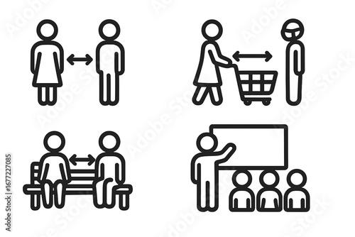 Social distancing line icon set. People keep distance in public. Prevention of coronavirus covid-19. Safety measures for pandemic. Supermarket queue, presentation, sitting on bench.