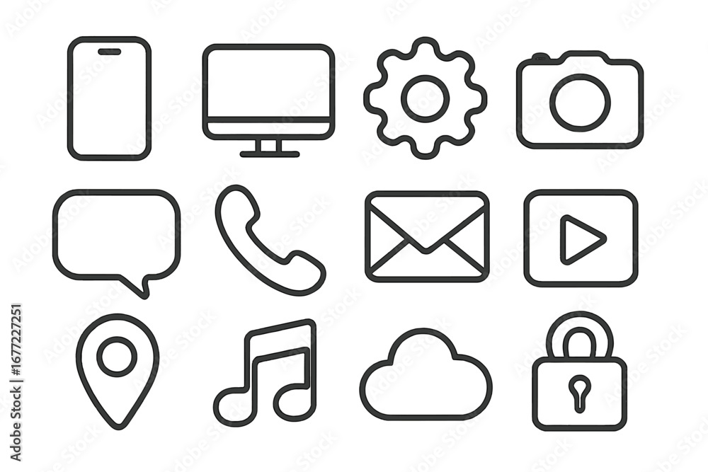 Universal UI UX line icon set for web and mobile app design. Essential interface symbols including phone, settings, camera, message, mail, location, music, cloud and security.