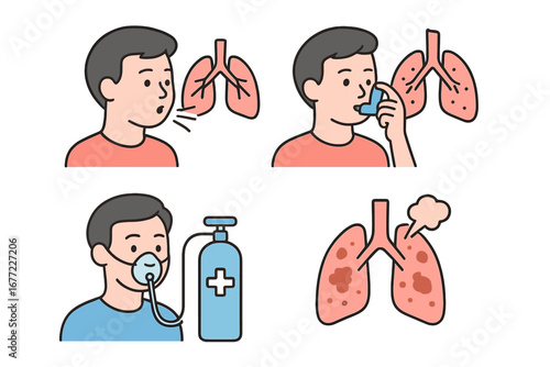 Respiratory disease icons set. Asthma, pneumonia, bronchitis, lung cancer concept. Man coughing, using inhaler, oxygen mask. Pulmonology medical vector illustration.