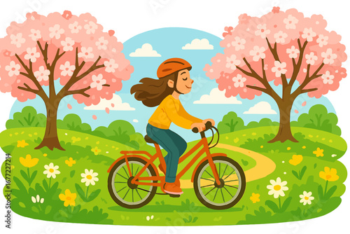 Girl enjoying a leisurely bike ride in a vibrant spring park. Woman cycling on a path among blooming cherry blossom trees. Healthy outdoor lifestyle concept. Vector cartoon.