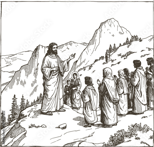 A vintage engraving style illustration of Jesus teaching parables to a crowd on a mountainside. Detailed hand-drawn ink sketch with delicate cross-hatching and authentic paper texture.
