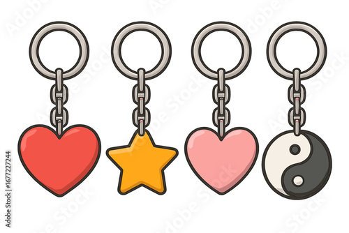 Vector keychain collection with heart, star, yin yang symbols. Cartoon keyring accessory, charm, trinket for love, balance. Isolated flat icon set for graphic design element.