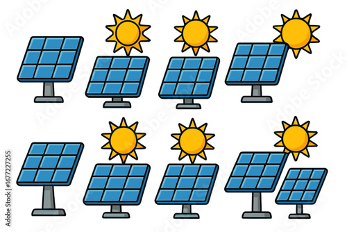 Solar panel and sun icon set. Renewable energy concept for green power generation. Sustainable clean technology for electricity production. Eco friendly cartoon vector illustration.