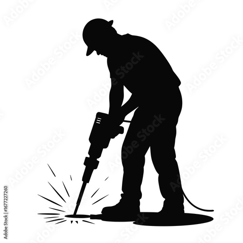 Worker silhouette with jackhammer creating sparks industrial construction scene