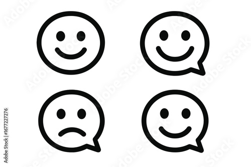 Customer feedback icon set. Smile and sad face emoji in speech bubble for satisfaction rating. User experience review concept. Simple line vector illustration for surveys.