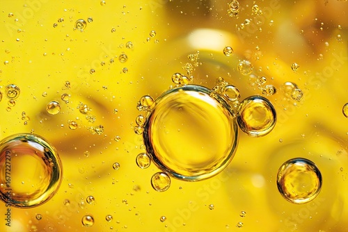 Abstract macro view of various sized bubbles in a golden liquid