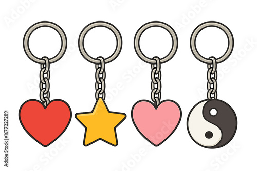 Keychain collection vector set. Keyring with charm. Heart shape, star, yin yang symbol. Cute cartoon trinket for keys. Souvenir or gift. Isolated accessory illustration.