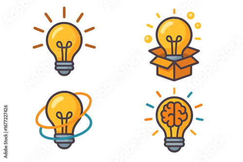 Light bulb icon set. Metaphor for creativity, new idea, innovation, inspiration. Think outside the box concept. Brain in a lamp. Smart solution. Vector cartoon illustration.