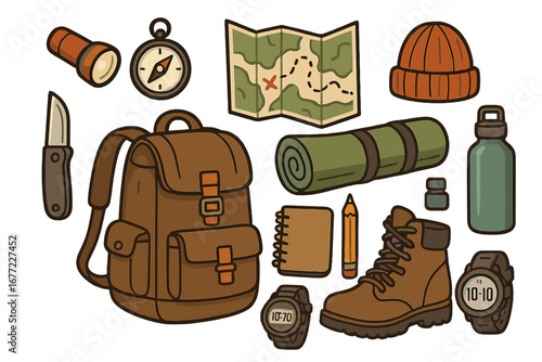 Hiking and camping equipment essentials for outdoor adventure. Vector cartoon set of backpack, boots, map, compass, knife. Flat design travel and survival gear icons.