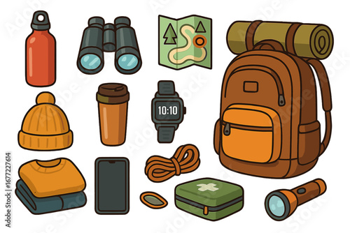 Vector set of essential travel items for hiking, camping, or outdoor adventure. Flat lay of backpack, map, binoculars, and survival gear. Tourist equipment cartoon icons.