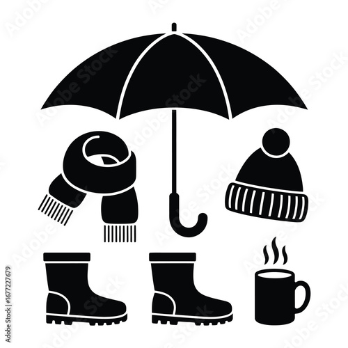 Winter weather silhouette collection umbrella scarf boots hat and hot drink icons