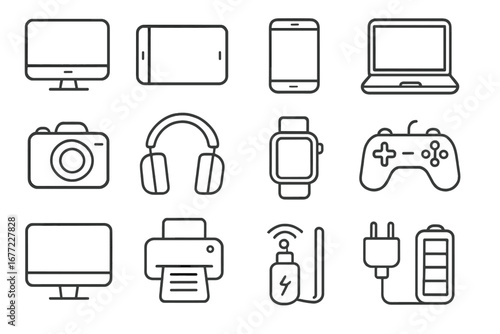 Technology electronics line icon set. Gadget and device outline collection. Computer, laptop, smartphone, camera, printer, game controller, smartwatch vector illustration.