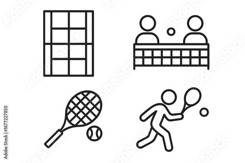 Tennis sport line icon set. Vector linear collection with court, racket, ball, player, and match elements. Game and competition thin outline symbols for web and app design.