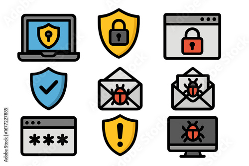 Cyber security icon set. Digital protection measures, computer virus, malware threat, data privacy, phishing email, password access. Vector flat cartoon illustration symbols.