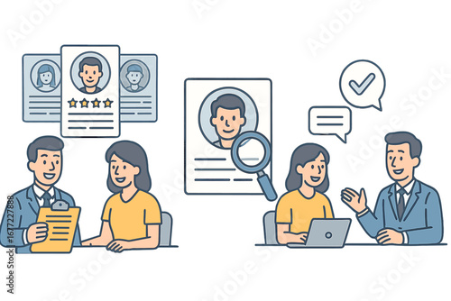 Recruitment process and hiring concept. Job interview with candidate and HR manager. Human resources, resume review, and career selection. Search for employees and staff.
