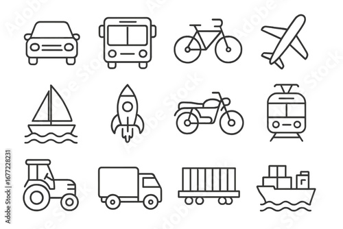 Transportation outline icon set. Logistics and transit line icons. Car, truck, ship, plane, train, bus, bicycle, rocket vector symbols. Transport collection for web and app.