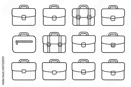 Business briefcase outline icon set. Professional portfolio, work bag, diplomat case vector symbols. Corporate career, finance, and job concept. Suitcase line illustration.