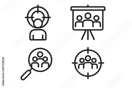 Target audience analysis line icon set. Market research, customer segmentation, and group identification symbols. Vector for consumer targeting, focus group, niche marketing.
