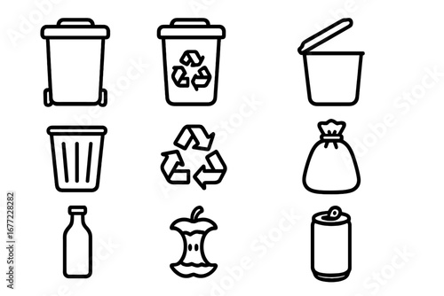 Trash and recycling line icon set. Waste management, garbage disposal, and ecology symbols. Vector collection of bin, can, bottle, and food waste outline icons for environment.