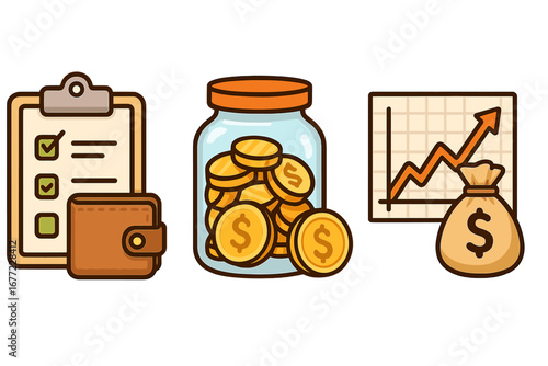 Financial planning icons. Budgeting checklist, money savings jar, investment growth chart. Personal finance, wealth management. Vector cartoon illustration for business.