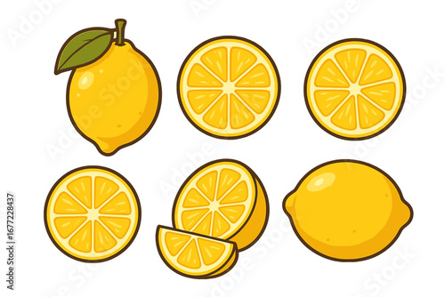 Lemon fruit set vector illustration. Whole fresh lemons, citrus slices and half. Cartoon icon collection for food, drink, lemonade. Healthy organic diet, vitamin C concept.