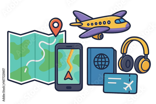 Travel planning essentials for a seamless journey. Vector cartoon illustration set with airplane, map, GPS navigation, passport, and flight ticket. Modern tourism adventure icons.