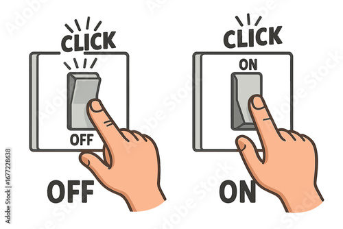 Cartoon finger pushing light switch on and off. Hand pressing home electric button with click sound. Concept of power, electricity, energy saving, control, and action. Vector.