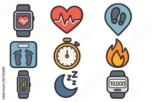 Health and fitness icons. Sport activity tracker symbols. Heart rate, pulse, step counter, sleep, weight scale, calories burned. Wearable smartwatch technology vector set.