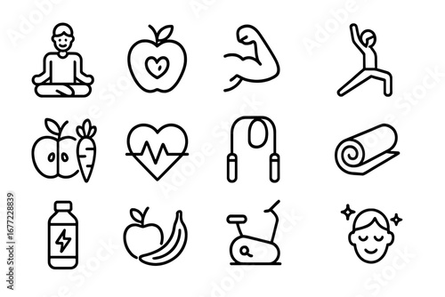 Health and fitness line icon set. Vector symbols for wellness, nutrition, yoga, workout, sport, and healthy living. Concepts for diet, cardio, muscle building, and meditation.